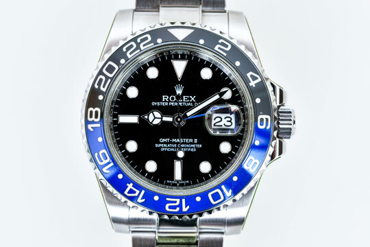 Bangkok Thailand- Feb 20,2022 :Close up Rolex GMT-Master II "Batman"40mm with blue-black bezel Steel Ceramic Men's Wrist watch on white background