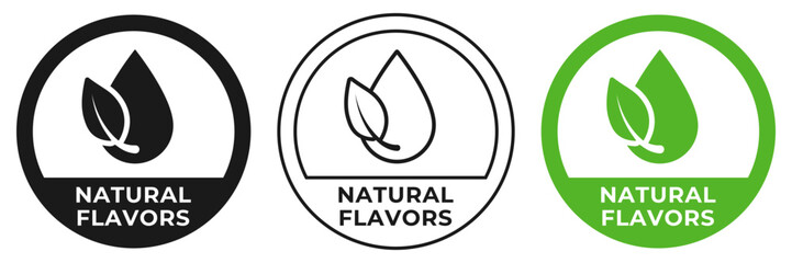 Natural flavors sign. Natural oil logo, badge, symbol, stamp, logo, logotype, sticker, emblem, mark or seal for product package. Organic flavor no artificial added chemicals.