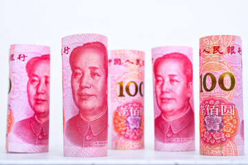 Rolls 100 Yuan, Chinese money is white background	