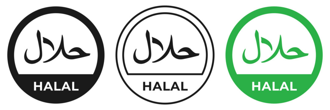 Halal certified label vector icon set green illustration for product package. Islamic Halal sign, symbol, badge, sticker, stamp, tag, mark or emblem isolated. Muslim Ramadan quality. Arabic food seal