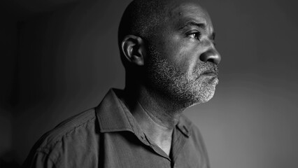 Aging Thoughtful African American senior man contemplating life's challenges in introspective...