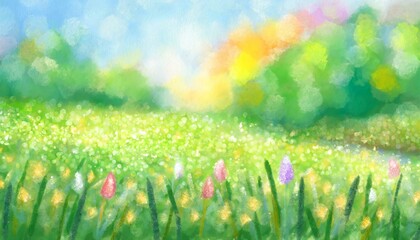 Illustration background of spring sparkling tulip field.