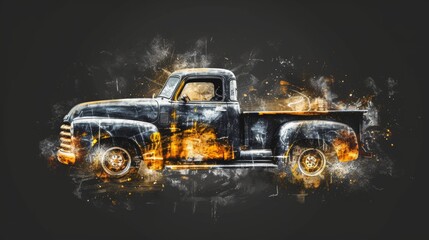 Painting of a pickup truck over dark background