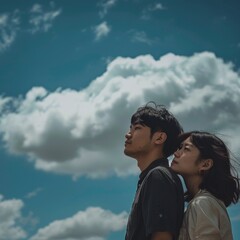 a man and woman standing back to back against a cloudy sky