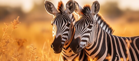Pair of Zebra Grazing Peacefully in Savannah Grassland Under Bright Sunlight