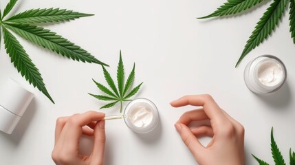 Cannabis leaf and cosmetic product balm on table