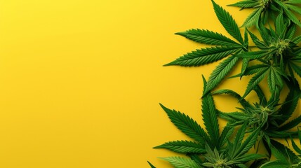 Cannabis plant leaves over plain yellow background.