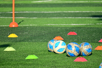 artificial green grass soccer field with training cone and ball