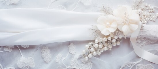 Fototapeta na wymiar Elegant Bridal Bouquet Adorned with Pearls and Ribbons for a Luxurious Wedding Ceremony