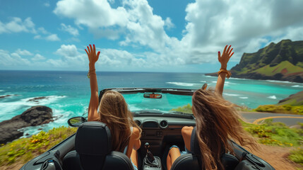 Joyful friends on a coastal road trip in a convertible car with ocean view.