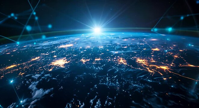 An illustration of a world connected by the internet in the sky, with digital economic transactions happening seamlessly