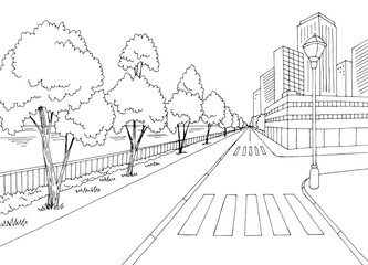 Street near river graphic black white cityscape skyline sketch illustration vector