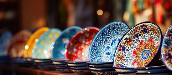 Vibrant Array of Colorful Plates on Display at a Traditional Market Stall