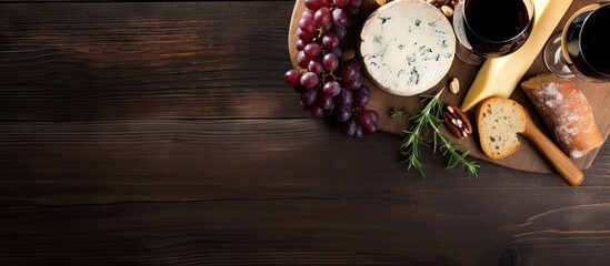 Rich and Flavorful Cheese Selection with Fresh Grapes and Wine on Wooden Board