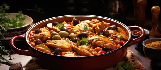 Savory Chicken and Olive Stew Served Hot in a Rustic Pot with a Spoon Ready to Enjoy