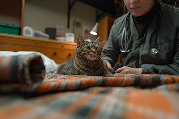 Veterinarian with a cat in her veterinary office during a routine check-up
