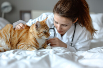 Veterinarian with a cat in her veterinary office during a routine check-up