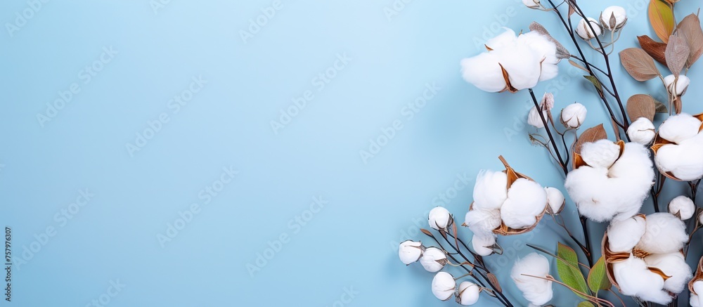 Poster Delicate Cotton Flowers Adorn Vibrant Blue Background in Graceful Display