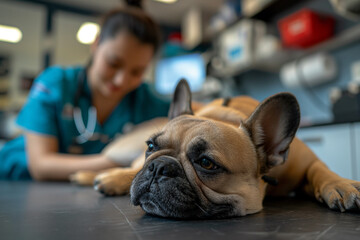 Veterinarian with a bulldog in her veterinary office during a routine check-up