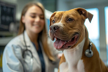 Veterinarian with a american pitbull dog in her veterinary office during a routine check-up