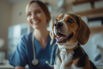 Veterinarian with a beagle dog in her veterinary office during a routine check-up