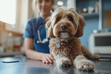 Veterinarian with a golden doodle dog in her veterinary office during a routine check-up