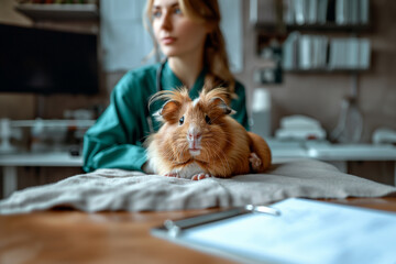 Veterinarian with a guinea pig in her veterinary office during a routine check-up