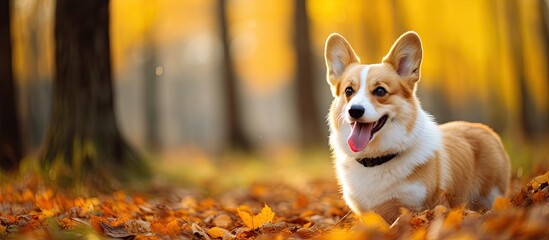 Adorable Canine Companion Wander Through Autumn Woodland Foliage