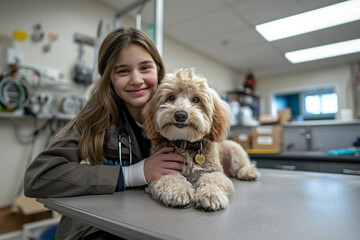 Veterinarian with a poodle dog in her veterinary office during a routine check-up