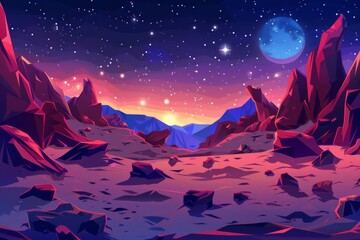 Starry background, deserted alien planet edged by mountains, rocks, deep cleft and stars. Coming from an extraterrestrial computer game, parallax effect cartoon modern illustration.