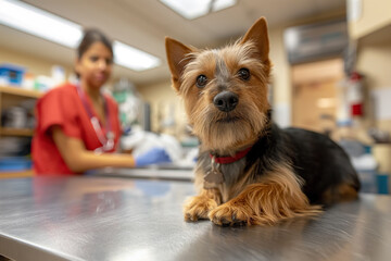 Veterinarian with a yorkshire terrier dog in her veterinary office during a routine check-up