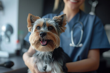 Veterinarian with a yorkshire terrier dog in her veterinary office during a routine check-up