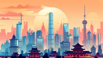 An urban panorama of the Chinese cityscape. An Asian architecture in the downtown area. A metropolis in the east with highrise skyscrapers, big towers and pagodas. Modern illustration in flat design