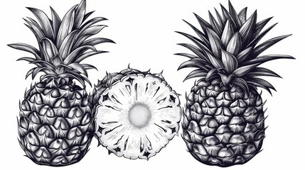 Detailed hand-drawn modern illustration of pineapple, cut in half. Tropic fruit, vintage retro illustration. Ananas, hand-drawn sketch, woodcut engraving, etching.