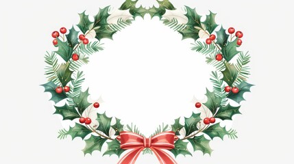 Fototapeta na wymiar Winter holiday ornament made from holly berries, ribbons, and leaf plants. Flat modern illustration isolated on white. Xmas decoration with circular frame. Xmas decoration with circle frame.