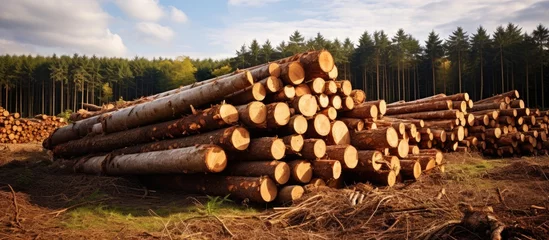 Foto op Plexiglas Rustic Wood Logs Stack Outdoors - Natural Resource for Firewood and Lumber Industry © Ilgun