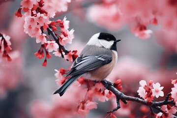 Close up photo bird sitting on branch of cherry blossom. Titmouse on blooming sakura with pink flowers in spring season. Hanami festive banner concept. Spring wildlife birds concept. Japanese nature - obrazy, fototapety, plakaty
