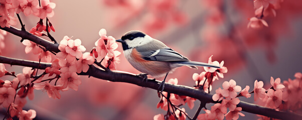 Close up photo bird sitting on branch of cherry blossom. Titmouse on blooming sakura with pink flowers in spring season. Hanami festive banner concept. Spring wildlife birds concept. Japanese nature - obrazy, fototapety, plakaty