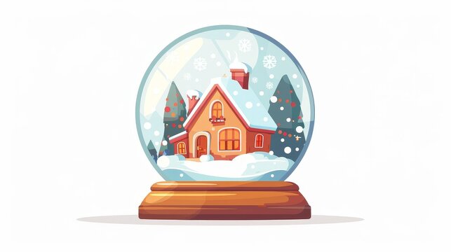 Decorative glass snow globe with a cute cozy house inside. A Christmas bubble with a magic home during the holiday season. Snowglobe, snowball. Isolated graphic modern illustration on white.