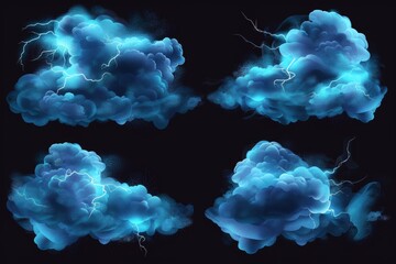 Modern illustration of comic dust puff, dirty steam after magic power strike, light speed, explosion fumes. Modern illustration with neon blue lightning effect. - obrazy, fototapety, plakaty