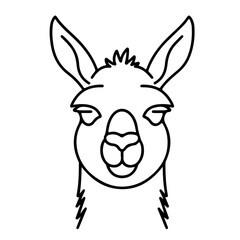 Wildlife wild animal symbol icon for logo - Black fine line art silhouette of alpaca head portrait, isolated on white background
