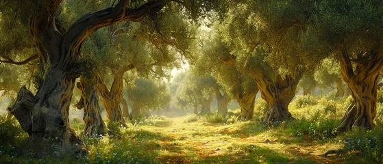 Abwaschbare Fototapete A forest with many old olives trees and a path in the middle © IonelV