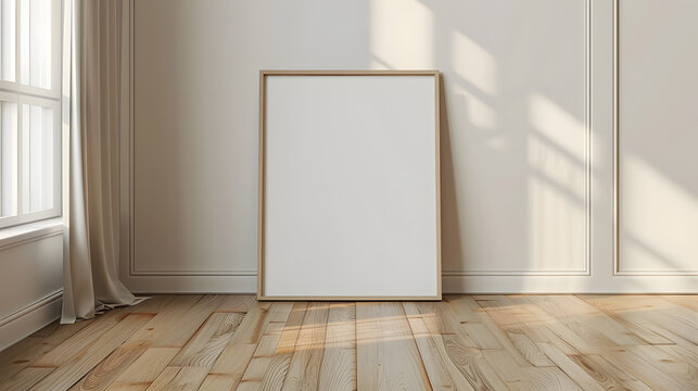 white photo frame in a room with wood floors, in the style of architectural illustrator, simplistic, flat form, light brown, frontal perspective, wood, clear colors