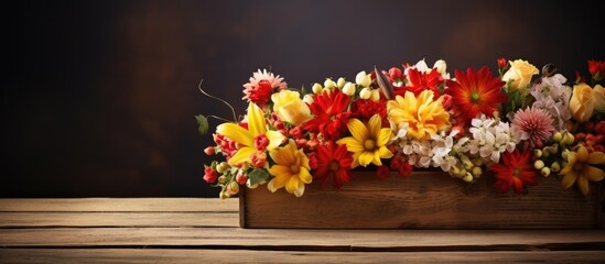 Vibrant Wooden Box Overflowing with an Assortment of Colorful Fresh Flowers