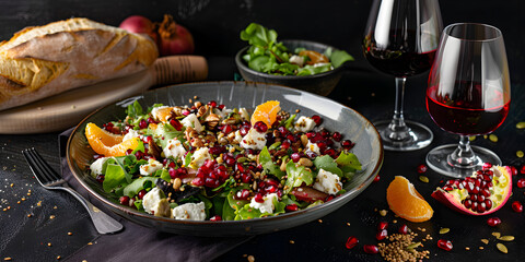 Festive Fusion: Ceviche Delight with Pomegranate Garnish & Nutty Fruit Salad"