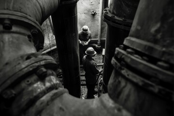 The appearance of the site under construction of the piping interior and the workers.
generative ai