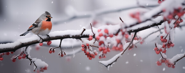 Close up photo of bird sitting on branch with red berries in snow. Bullfinch, Robin, Redstart on a ashberry, hawthorn berries, rowan tree branch in cold frost. Life of wild birds in winter concept. - obrazy, fototapety, plakaty
