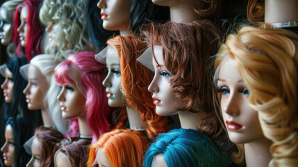 Mannikin heads in a wig store. Different wigs on mennequins AI - obrazy, fototapety, plakaty