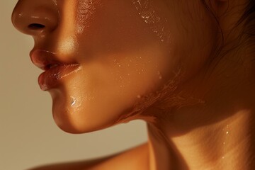 detail of a womans body with a perfect glowing wet skin, body moisturiser aesthetic, professional skincare ad