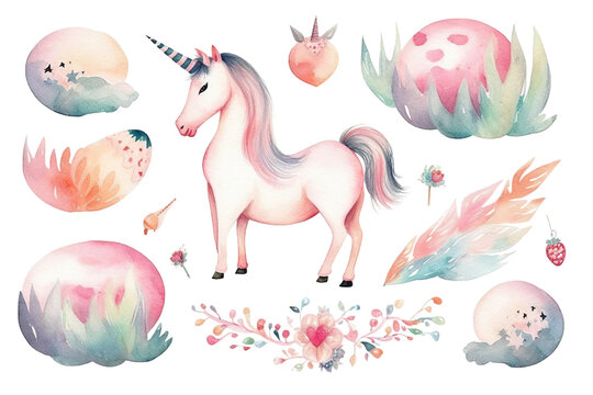 illustration Isolated unicorns pink watercolor Princess horse unicorns Trendy Nursery unicorn clipart poster rainbow cartoon cute